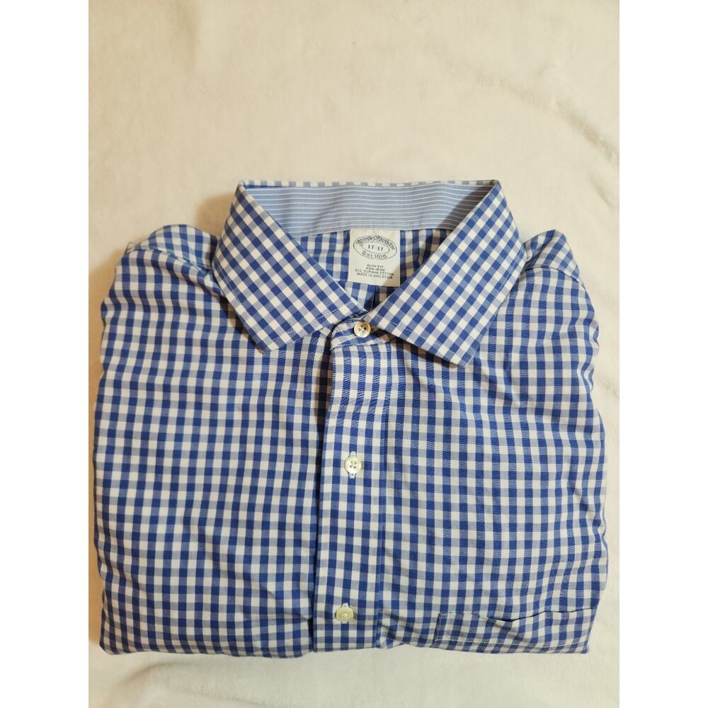 Brooks Brothers 100% Cotton Shirt Mens 17 37 Blue Gingham Check Long Sleeve - Picture 1 of 10
